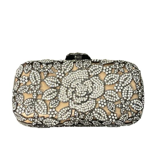 Tasha Crystal Embellished Evening Clutch Bag Floral Design and Chain Strap - Picture 1 of 8